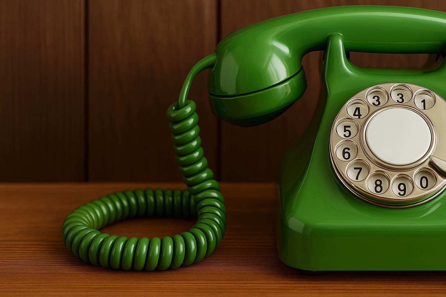 A close-up of a green vintage rotary phone. The handset and coiled cord are also visible.