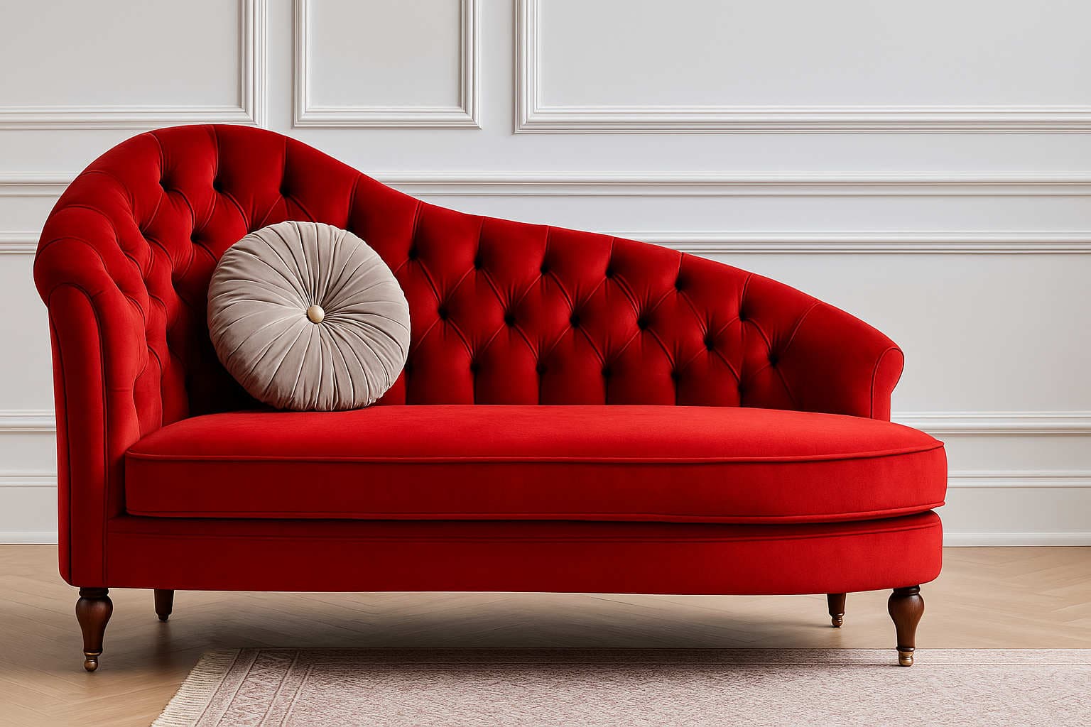 A red velvet tufted chaise lounge with a round grey cushion on a rug.