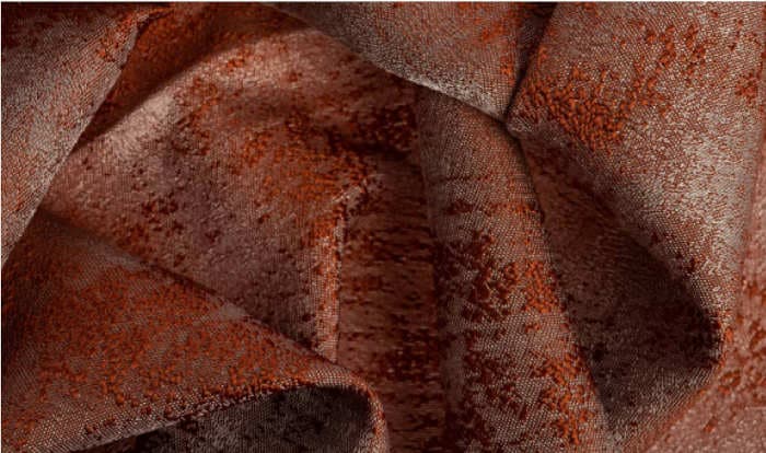 A modern upholstery fabric detail with symmetrical textures in copper tones and a glossy surface.
