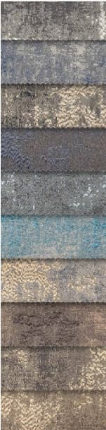 This fabric, consisting of samples in different colors and textures, is vertically stacked, with colors in the order of a gray-blue mix, dark gray, navy blue, gray, petrol blue, light beige and brown mix, brown, and light brown tones, each sample having jagged edges.