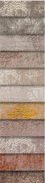 This fabric, consisting of samples in different colors and textures, is vertically stacked, with colors in the order of light gray, gray, off-white, beige, light brown, gold yellow, light brown, off-white, rusty orange, and dark brown tones, each sample having jagged edges.
