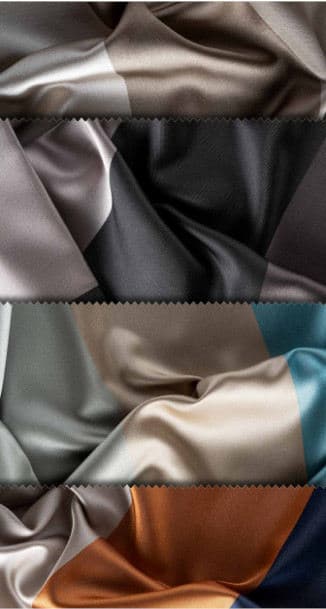 Fabric swatches with geometric patterns in shades of grey, gold, brown, navy, and turquoise, displayed horizontally with wavy edges.