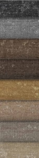 This fabric, consisting of samples in different colors and textures, is vertically stacked, with colors in the order of dark gray, gray, brown, lighter brown, mustard yellow, light brown, gray, and beige tones, each sample having jagged edges.