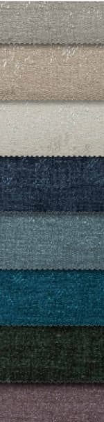 This fabric, consisting of samples in different colors and textures, is vertically stacked, with colors in the order of light gray, beige, off-white, navy blue, petrol blue, turquoise, dark green, and purple tones, each sample having jagged edges.
