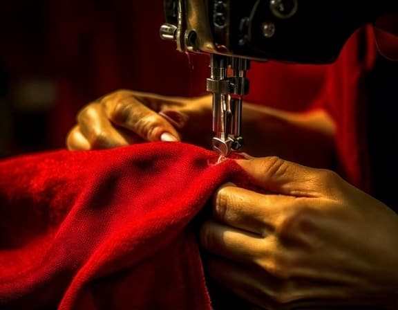 Hands guide red fabric under a sewing machine needle.