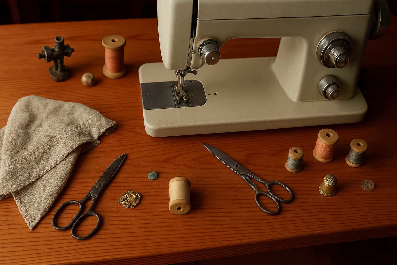 A composition of sewing materials arranged on a wooden table, including a sewing machine, scissors, thread spools, a thimble, and fabric.